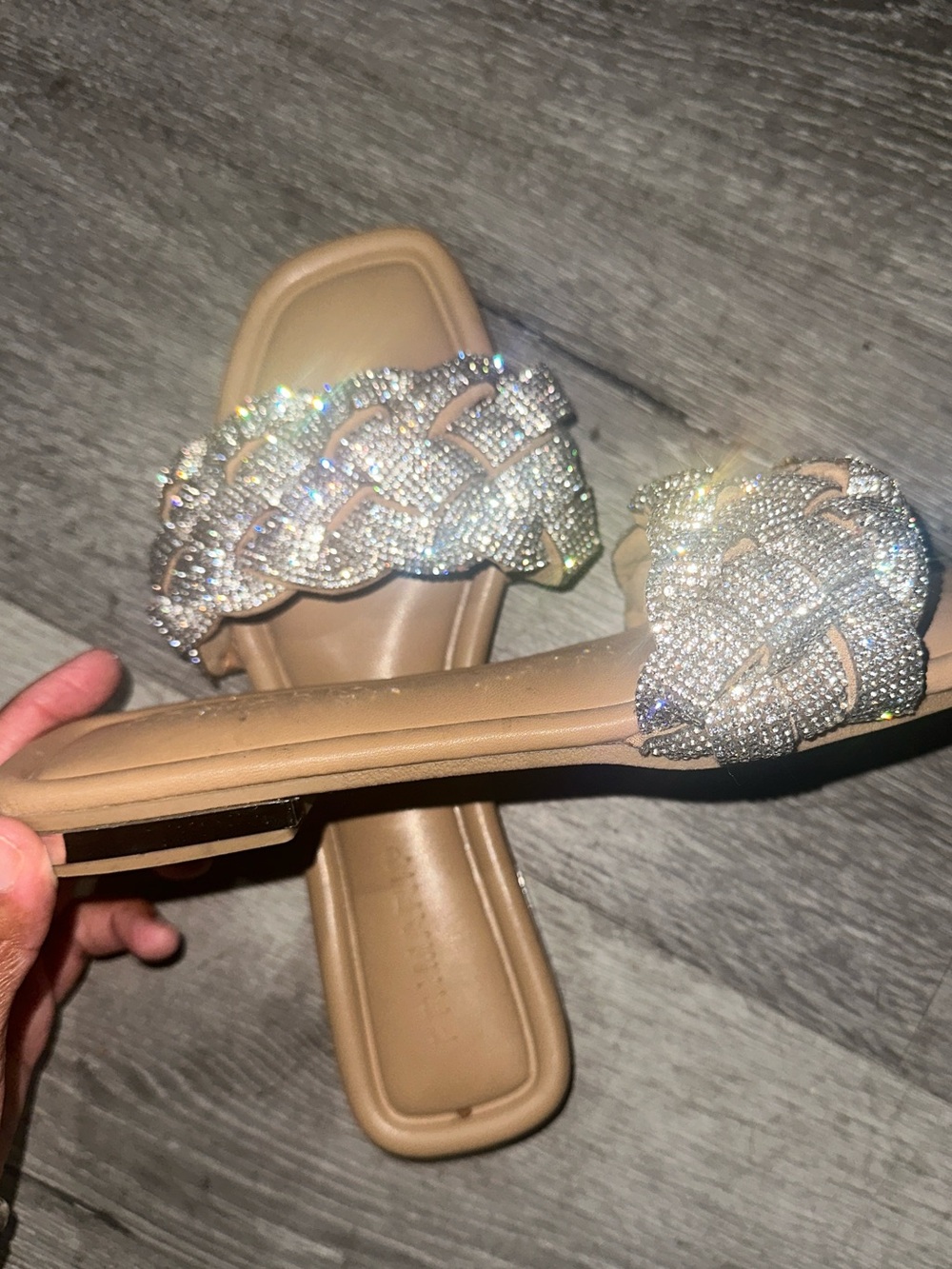 Braided Crystal Slide Sandals in Tan - Picture 3 of 4